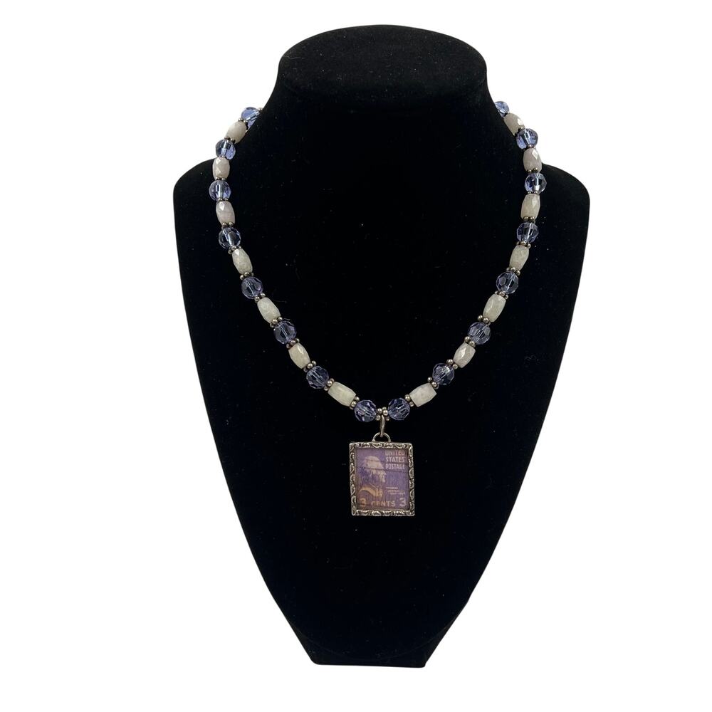 Vtg Handmade Beaded Necklace W Sterling Silver Pendant‎ 3 Cent Jefferson Stamp
